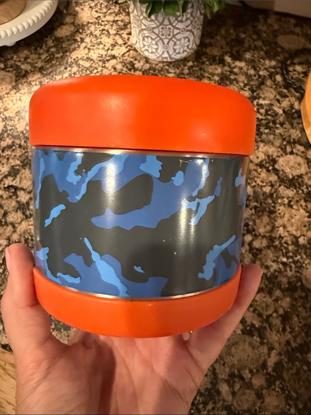 Pottery Barn Teen Blue Camouflage Insulated Food Jar with Orange Lid